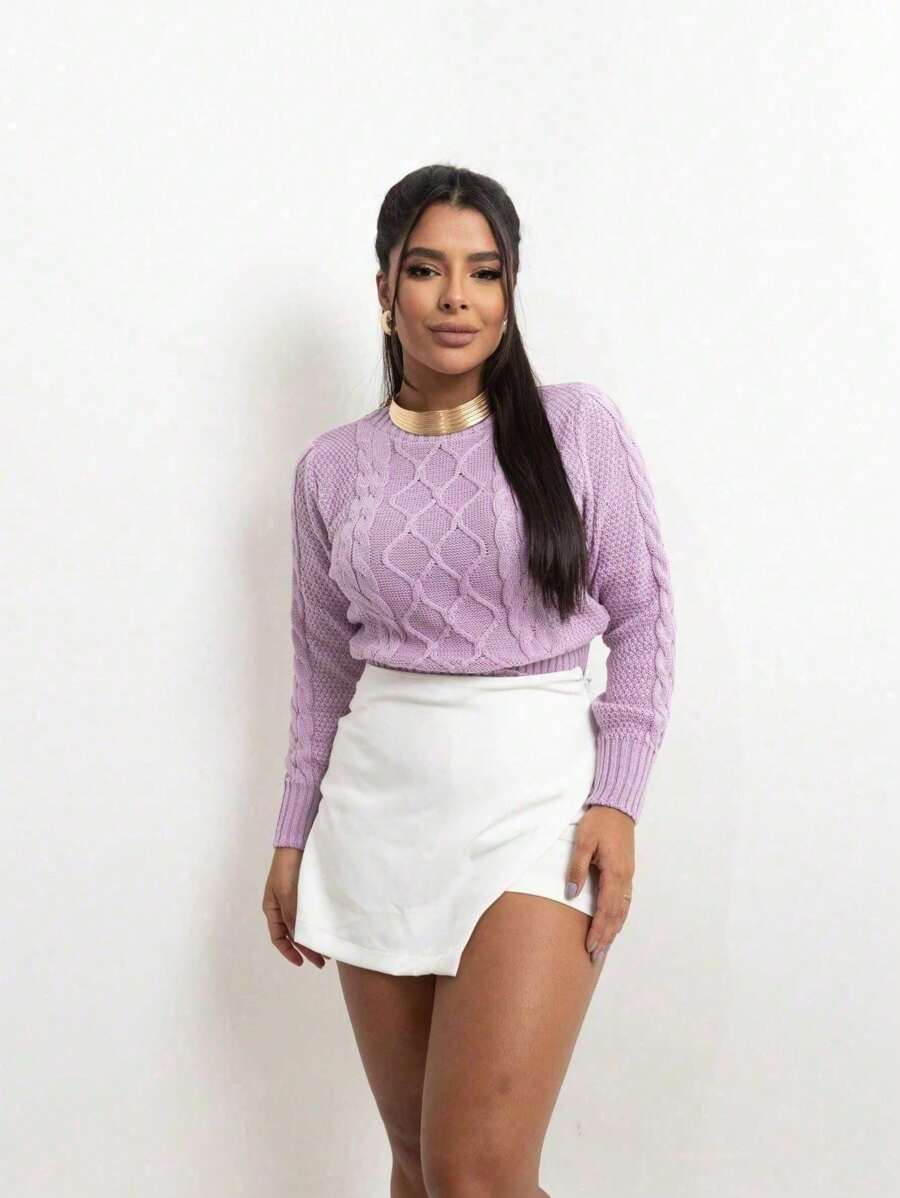 Closet Malhas Cropped Knit Long Sleeve Blouse With Braids | Winter Knit Blouse Women's Fashion  2025 - 淡紫色襯衫 - 查看 1