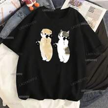 Cute Cartoon Shark Cat Print Lady Cotton T-Shirts Kawaii Y2K 90S Sweetshirts Female Animal Tops Tee Harajuku Vintage Clothing