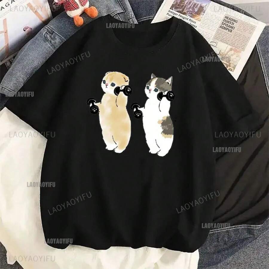 Cute Cartoon Shark Cat Print Lady Cotton T-Shirts Kawaii Y2K 90S Sweetshirts Female Animal Tops Tee Harajuku Vintage Clothing