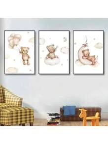3pcs Children's Room Cartoon Bear Decoration Poster Hanging Picture Suitable For Kindergarten Toy City Wall Shanghai Newspaper Printing High Definition Canvas Material Mural Optional Frame
