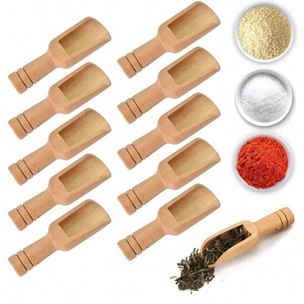10pcs Mini Wooden Spoons, Bamboo Shower Salt Spoons, Tea Spoons, Laundry Powder Scoops, Milk Powder Scoops, Sugar Spoons, Multi-Purpose Wooden Spoons, Portable Spoons, Honey Spoons, Coffee Bean Scoops, Kitchen Utensils, Baking Tools