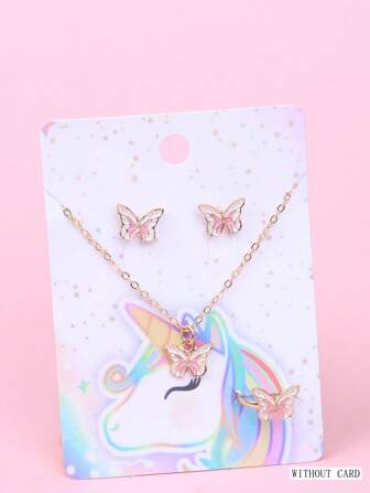 1 套女孩优雅首饰套装，包括锌合金蝴蝶戒指、耳环、项链