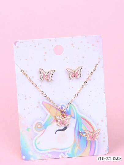 1 Set Girls Elegant Jewelry Set, Including Zinc Alloy Butterfly Ring, Earrings, Necklace