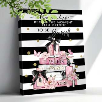 1pc Fashion Pink Bathroom Decor Wall Art Pink Flower Perfume Pictures Canvas Wall Art Modern Black White Striped Motivational Quotes Girly Makeup Room Artwork Painting Wall Decor For Bedroom