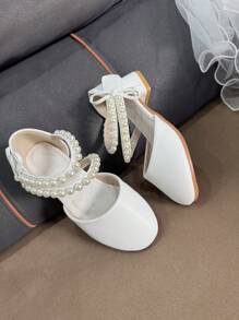 1 Pair Girls Elegant Bow Pearl Rhinestone Princess Design Dress Shoes, Pink Breathable Non-Slip High Heels, Suitable For Spring, Summer, Autumn Wedding, Party, Stage