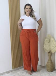 Duna Women's Plus Size Wide Leg Pants With Pocket - Ngói - Xem 1
