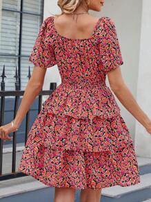Women's Summer Floral Skirt Square Neck Short Sleeve Layered Peplum Waist Boho Swing Dress And Sundress - 黑底桔花色 - 查看 2