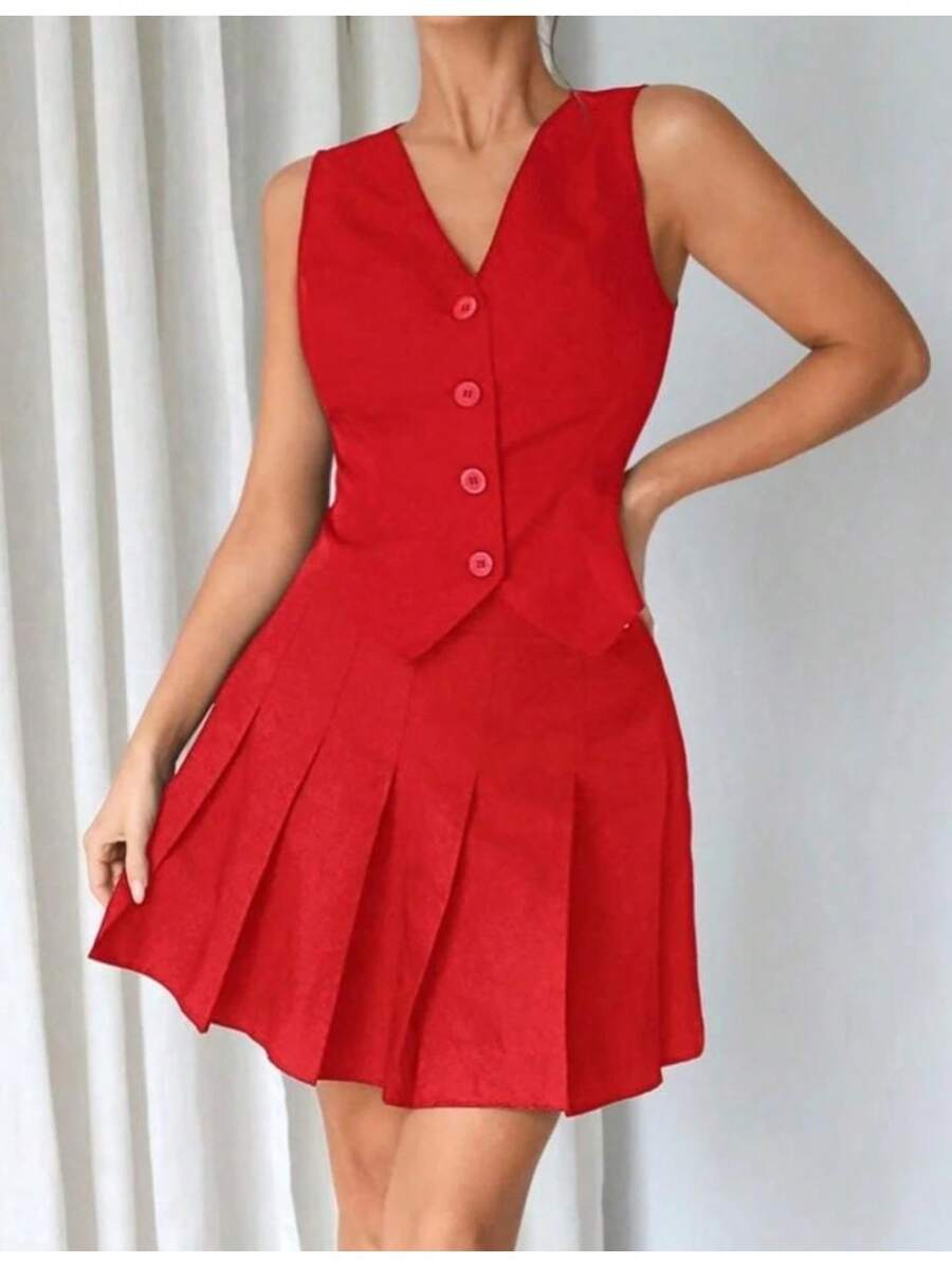 Conjunto Falda Tableada Y Chaleco - Rojo - Ver 1