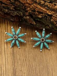 1pc Zinc Alloy Earrings With Turquoise Inlaid In Starfish Shape For Women, Bohemian Women's Jewelry, Retro Western Women's Fashion Earrings, Suitable For Daily Wear Or As A Gift For Friends