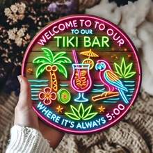 Bienvenido a nuestro Bar Tiki "Letrero de aluminio circular - 8x8 pulgadas, resistente a los rayos UV y a los arañazos, fácil de colgar para decoración interior y exterior, decoración de habitación, decoración de jardín, decoración de boda, decoración del hogar - Rosa Fucsia - Ver 4