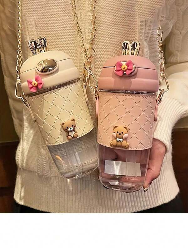 In Style Water Cup For Female Students, Attractive Slanted Plastic Cup With Strap, Large Capacity, Straw Water Bottle, Portable, For Outdoor, Camping