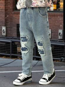 Young Boys' Fashionable Distressed Fringe Straight Leg Jeans, Spring - Baby Blue - View 3