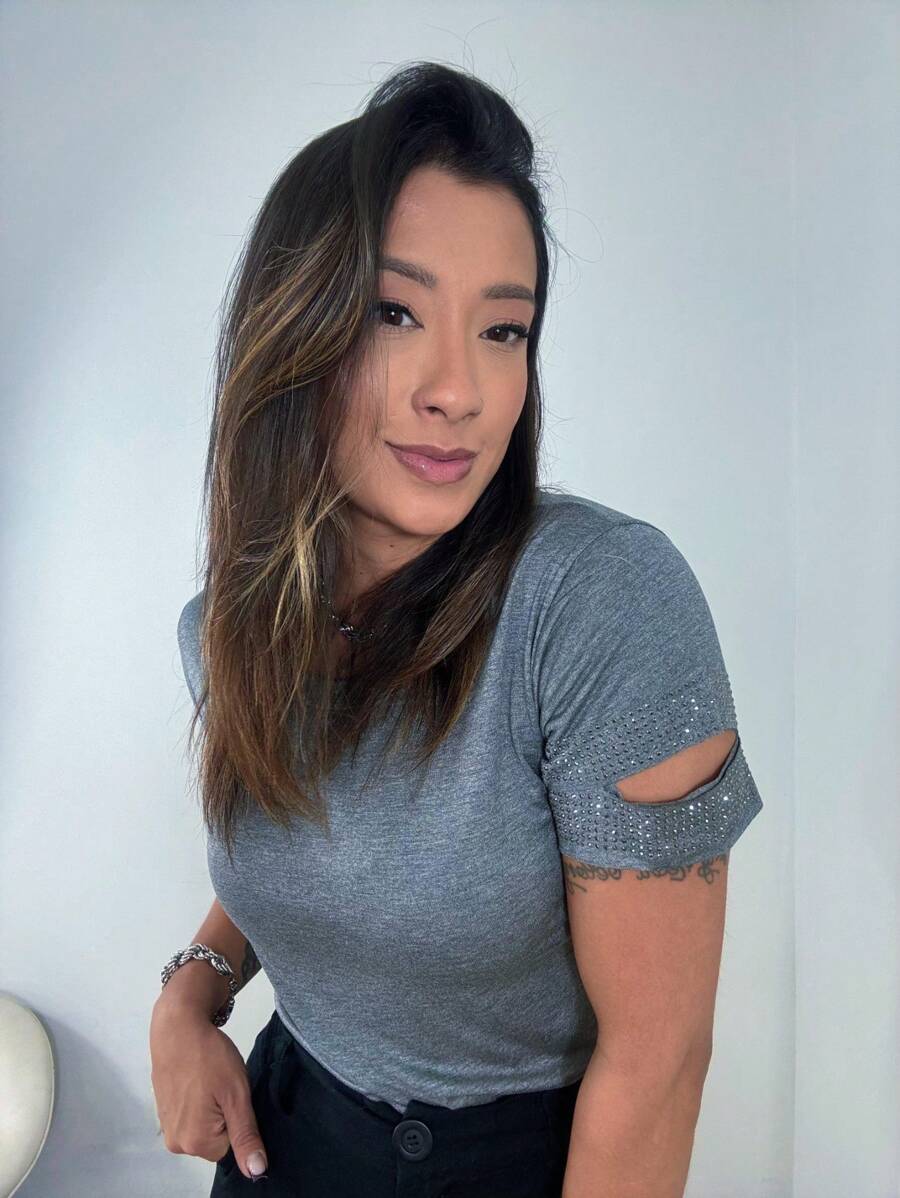 Women's Basic Plain Blouse With Glitter On The Sleeves, Casual And Elegant, Blogger Fashion - 灰色 - 查看 1