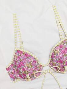 2pcs Tropical Print Padded Bikini Set With Tassel And Lace, Suitable For Summer Beach Vacation, 2pcs Floral Plaid Print Padded Push-Up Bikini Set, Summer Beach Vacation, Swimwear, Women Summer Dress, Women Summer Clothing, Festival, Dress, Ibiza Clothing, Women Swimsuit, Bikini Set, Women Swimwear, Women Beach Clothing, Vacation Set, Beach Dress, Women Bikini Set - Multicolor - View 9