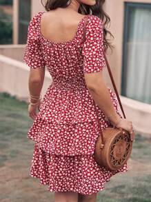 Women's Summer Floral Skirt Square Neck Short Sleeve Layered Peplum Waist Boho Swing Dress And Sundress - 紅色 - 查看 2