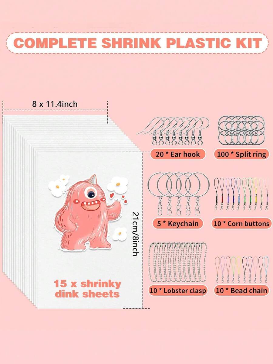 5 件/12 件/140 件//165 件/170 件/183 件 Shrinky Dink 钥匙扣套件、创意钥匙扣、DIY 钥匙扣、Shrinky Dink 套件（含 Shrinky Dink 片）、耳钩、珠链、玉米纽扣、空白 Shrink Dink 纸、龙虾扣、打孔器、彩色铅、开口环和钥匙扣，适用于工艺品珠宝制作 DIY - 彩色 - 查看 1