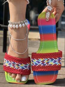 Women Plus Size Bohemian Style Beach Vacation Sandals, Red Woven & Embroidered Decor Flat Slippers