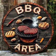 Área de Churrasco Circular de Madeira com um Logo de Madeira Inspirado em Arte de Parede Vintage de Churrasco, com Decorações Externas com Imagens de Bife e Ferramentas, Acessórios Retrô de Bar/Café/Terraço do Quintal, com Diâmetro de 19,8 cm.