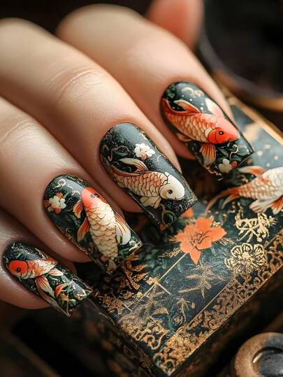24片方形假指甲复古民族风鲤鱼锦鲤图案美甲套装长款压甲女士女生美甲用品指甲