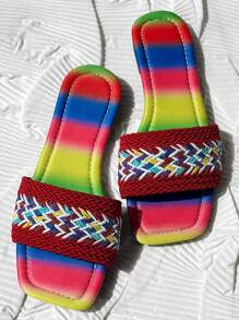 Women Plus Size Bohemian Style Beach Vacation Sandals, Red Woven & Embroidered Decor Flat Slippers