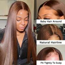 200% Density 13*6 HD Transparent Lace Front Human Hair Wig Chocolate Brown Brazilian Hair Straight Lace Frontal Wig For Women Pre Plucked Natural Hairline Free Part Wig With Baby Hair - 巧克力棕 - 查看 2