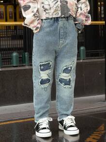 Young Boys' Fashionable Distressed Fringe Straight Leg Jeans, Spring - Baby Blue - View 8