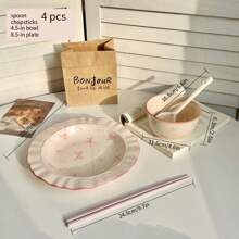 4 Stücke Keramik-Essservice, hochwertig, süßer Stil, ideal zum Fotografieren, beinhaltet Reisschale, Teller, Löffel, Essstäbchen, geeignet für 1 Person - Verschiedenfarbig - Übersicht 11