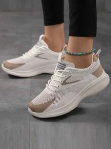 New Plus Size Women's Breathable Casual Mesh Sneakers, Soft Sole Soft Surface Running Shoes, Ladies Sport Shoes, Fashion Lightweight Comfortable Women Single Shoes, Lady Jogging Shoes, Round Toe Lace-Up Beige Walking Shoes, Women's Road Running Shoes, Fashionable Casual Travel Shoes