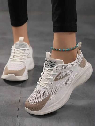 New Plus Size Women's Breathable Casual Mesh Sneakers, Soft Sole Soft Surface Running Shoes, Ladies Sport Shoes, Fashion Lightweight Comfortable Women Shoes, Lady Jogging Shoes, Round Toe Lace-Up Beige Walking Shoes, Women's Road Running Shoes, Fashionable Casual Travel Shoes