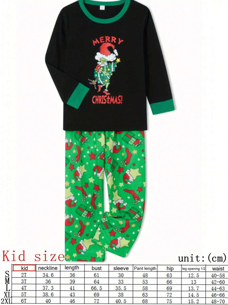 Pijamas navideños familiares de manga larga con estampado de dibujos animados y pantalones, conjunto de ropa de dormir para vacaciones de invierno - Verde claro - Ver 1