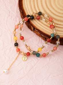 1Pc Vintage Double Layered Crystal Pearl Beaded Bracelet For Women Natural Stone Beads Wrap Bangle Bracelet Jewelry Gifts (Bead Color Random)