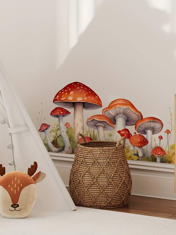 1 Pc Cogumelo de desenho animado contemporâneo e adesivos de parede florais, adesivos de PVC à prova d'água, adesivos de parede de desenho animado coloridos e fofos para decoração de casa, decoração de sala de estar, decoração de quarto infantil, decoração de varanda, decalques de decoração de parede