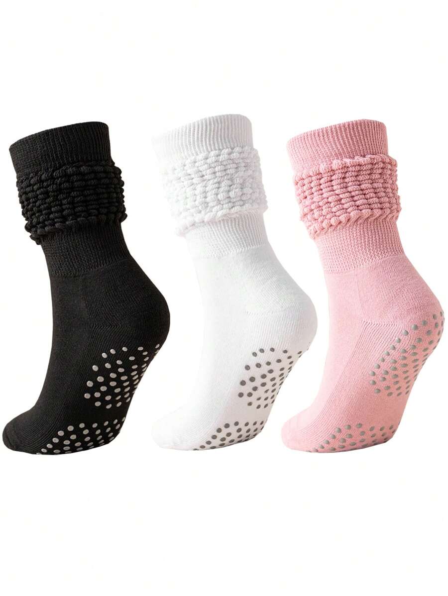 1 par de calcetines de yoga y pilates para mujer, antideslizantes y de terciopelo grueso, adecuados para deportes en interiores, fitness, running, apilables para pantorrilla, para gimnasio, otoño - Negro - Ver 1