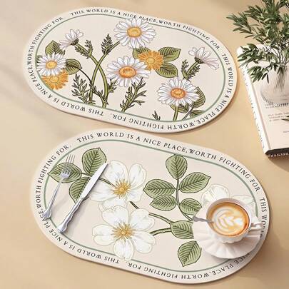 花卉图案 PU 皮革餐垫，防油防水，隔热，适合儿童、学生、午餐垫