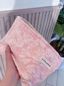 1个粉色花卉提花化妆包，柔软压纹质感，大容量，便携式旅行洗漱包，美观拉链手拿包，手提袋，浴室收纳，情人节、新年、婚礼礼物，女士洗漱包，女士包袋，个性化化妆包，旅行，洗漱包，化妆品收纳包，度假必备，拉链袋 - 粉色 - 查看 5