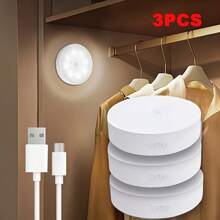 3pcs Motion-Sensor LED Night Lights With Touch Control, Adjustable Brightness, Warm & Cool White, USB Rechargeable, Easy To Install Magnet Mount For Bedroom, Stairs, Closet, Indoor Use With Sensor Function