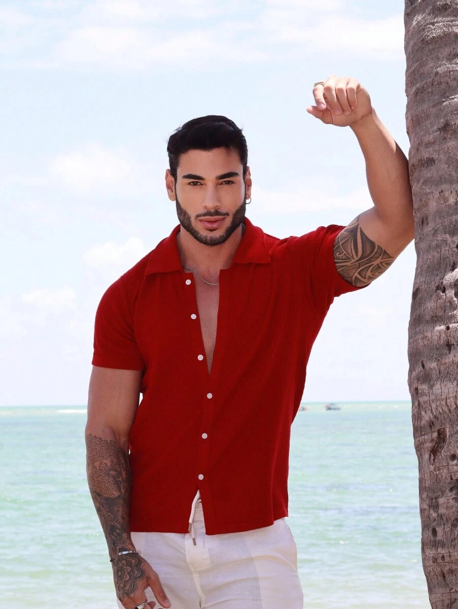 TRICOT DE LUXO Men's Short Sleeve Polo Collar Knit Shirt Blouse Summer Spring Men Casual High Quality Immediate Shipping - 紅色 - 查看 1