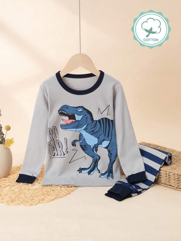Kleine Jungen Pyjama Set mit Dinosaurier Muster Langarm Top und gestreifter Hose, Frühling/Herbst