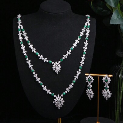 1 Set European Style Valentine's Day Gift, Cubic Zirconia Leaf & Flower Pendant Necklace & Earring Set, Suitable For Women's Wear