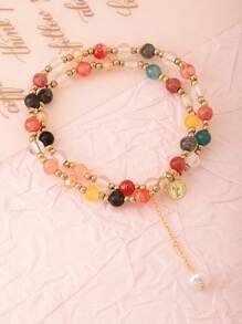 1Pc Vintage Double Layered Crystal Pearl Beaded Bracelet For Women Natural Stone Beads Wrap Bangle Bracelet Jewelry Gifts (Bead Color Random)