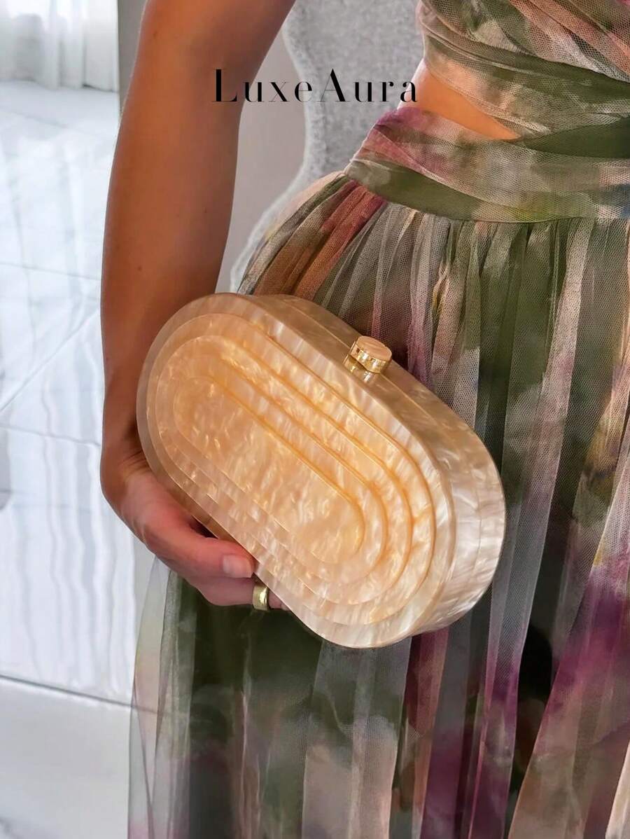 3D 亚克力手拿包，全新设计造型时尚晚会手提包，配链条肩带，女士单肩/斜挎包，大理石/琥珀色纹理盒状钱包