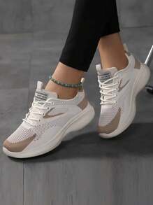 New Plus Size Women's Breathable Casual Mesh Sneakers, Soft Sole Soft Surface Running Shoes, Ladies Sport Shoes, Fashion Lightweight Comfortable Women Single Shoes, Lady Jogging Shoes, Round Toe Lace-Up Beige Walking Shoes, Women's Road Running Shoes, Fashionable Casual Travel Shoes