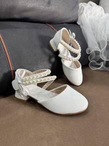 1 Pair Girls Elegant Bow Pearl Rhinestone Princess Design Dress Shoes, Pink Breathable Non-Slip High Heels, Suitable For Spring, Summer, Autumn Wedding, Party, Stage