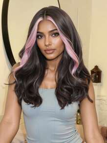 Stylish 18-Inch Pink Long Curly Hair With Bangs Highlights Synthetic Heat-Resistant Fiber Wig Women's Wigs Are Perfect For Holiday Party Everyday Wear