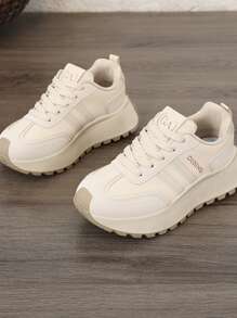 1 Pair Women Multi-Function Fashion Colorblock Casual Leather Waterproof Thick Sole Sneakers, Daily Versatile Sporty Outdoor Shoes - Beige - View 4