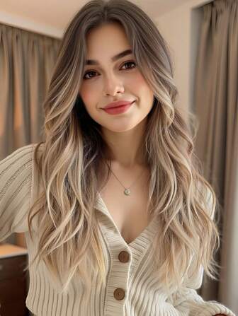 时尚蝴蝶发型合成假发 26 英寸棕色渐变金色卷发波浪发假发合成中分假发女士女孩合成无蕾丝假发