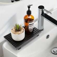 1 Pieza, Estantería de baño multifuncional de estilo nórdico en negro con pequeño exhibidor decorativo, estantería de especias de cocina, organizador de mesa, solución de almacenamiento doméstico sencilla, bandeja accesorio de baño, jabonera, alfombrilla de drenaje para encimera, diseño sólido, temática artística