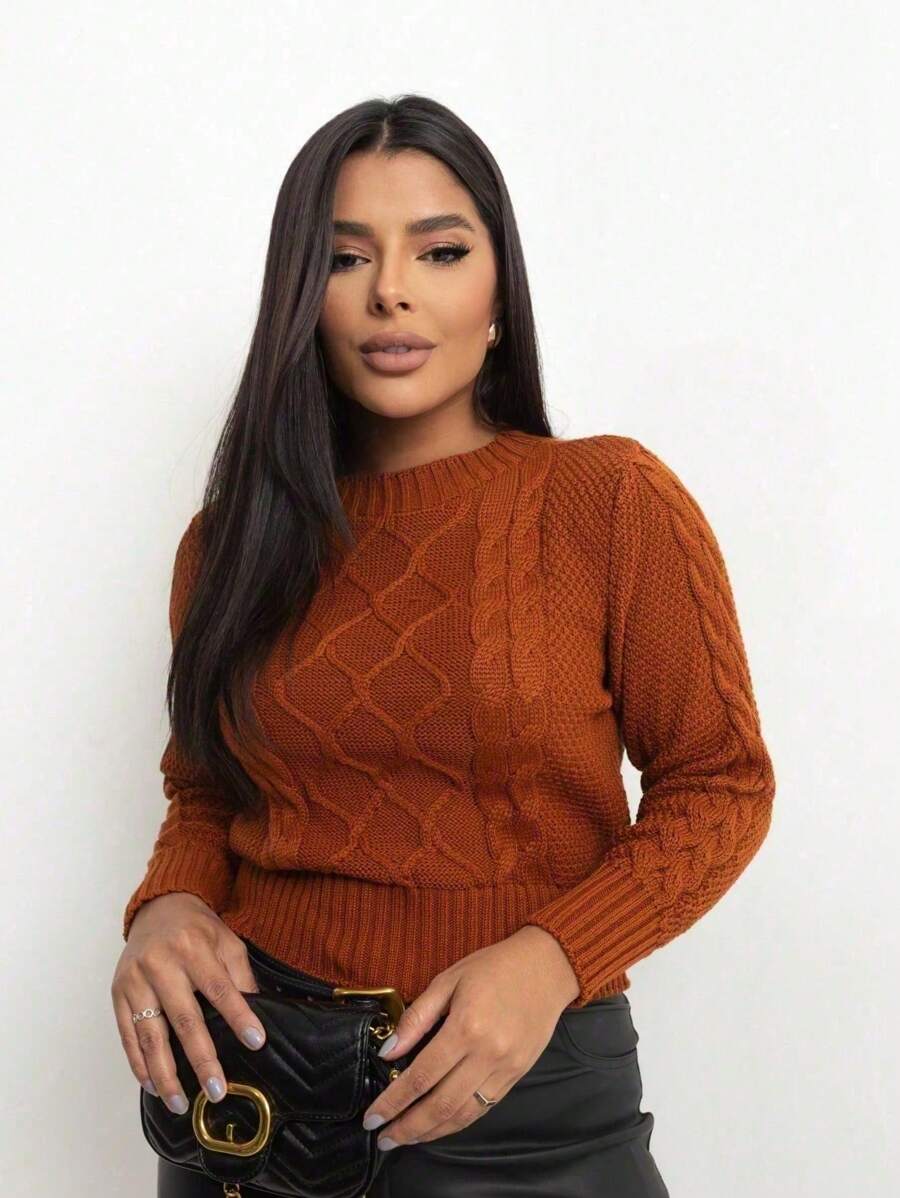 Closet Malhas Cropped Knit Long Sleeve Blouse With Braids | Winter Knit Blouse Women's Fashion  2025 - 鐵鏽色上衣 - 查看 1