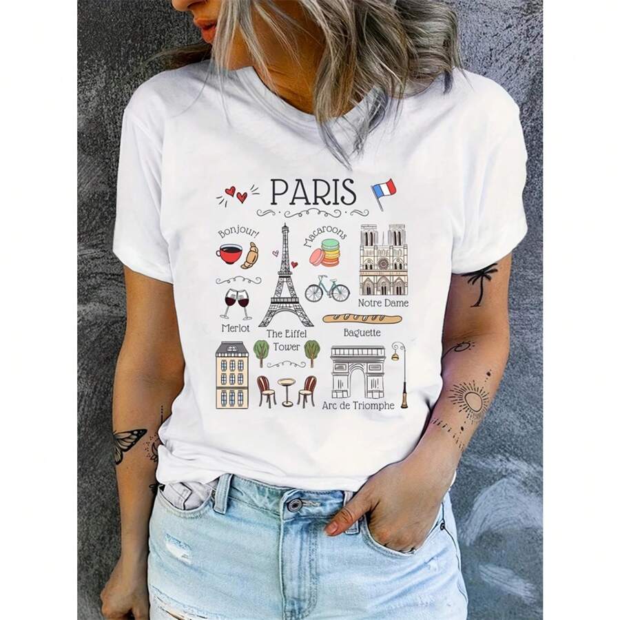 Paris Eiffel Tower Print Women's Casual T-Shirt - Short Sleeve Activewear Top - White - View 1