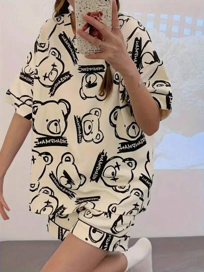 AICJ 2 件套女士休闲卡通熊印花睡衣短袖圆领上衣和短裤舒适宽松春夏家居服两件套